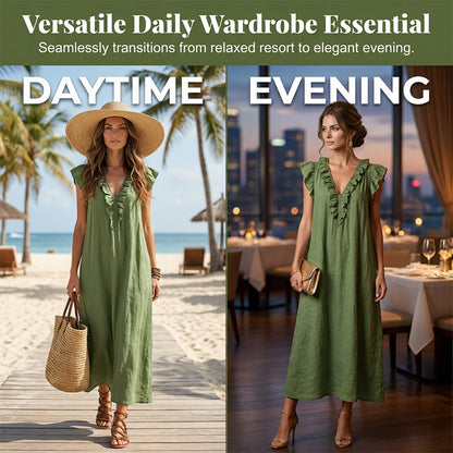 🔥 50% RABATT 👗 Vårig ärmlös klänning med V-ringning och volanger 🌸 Lätt, luftigt & bekvämt – perfekt för sommardagar, strand och brunch 💃✨