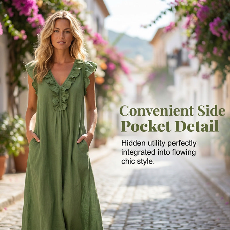 🔥 50% RABATT 👗 Vårig ärmlös klänning med V-ringning och volanger 🌸 Lätt, luftigt & bekvämt – perfekt för sommardagar, strand och brunch 💃✨