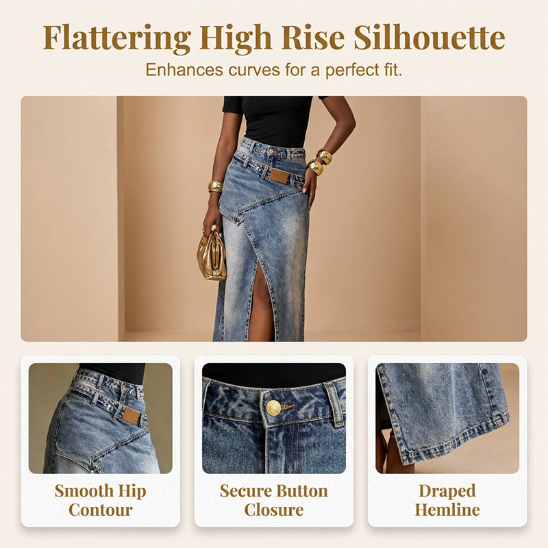 🔥 50% RABATT 👗✨ Asymmetrisk denim-maxikjol med slits 🌿 Trendig design, elegant silhuett & perfekt för sommarens alla tillfällen