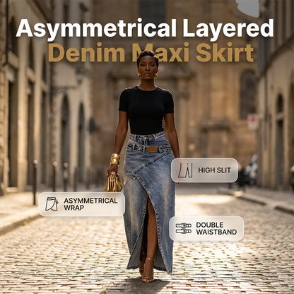 🔥 50% RABATT 👗✨ Asymmetrisk denim-maxikjol med slits 🌿 Trendig design, elegant silhuett & perfekt för sommarens alla tillfällen