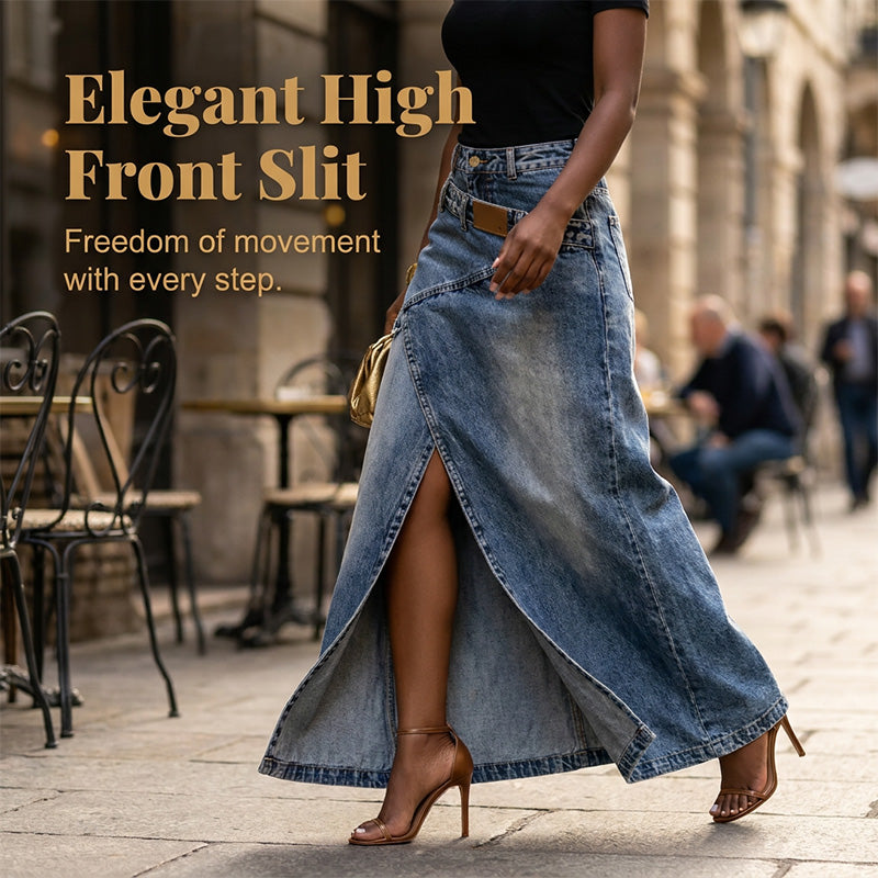 🔥 50% RABATT 👗✨ Asymmetrisk denim-maxikjol med slits 🌿 Trendig design, elegant silhuett & perfekt för sommarens alla tillfällen