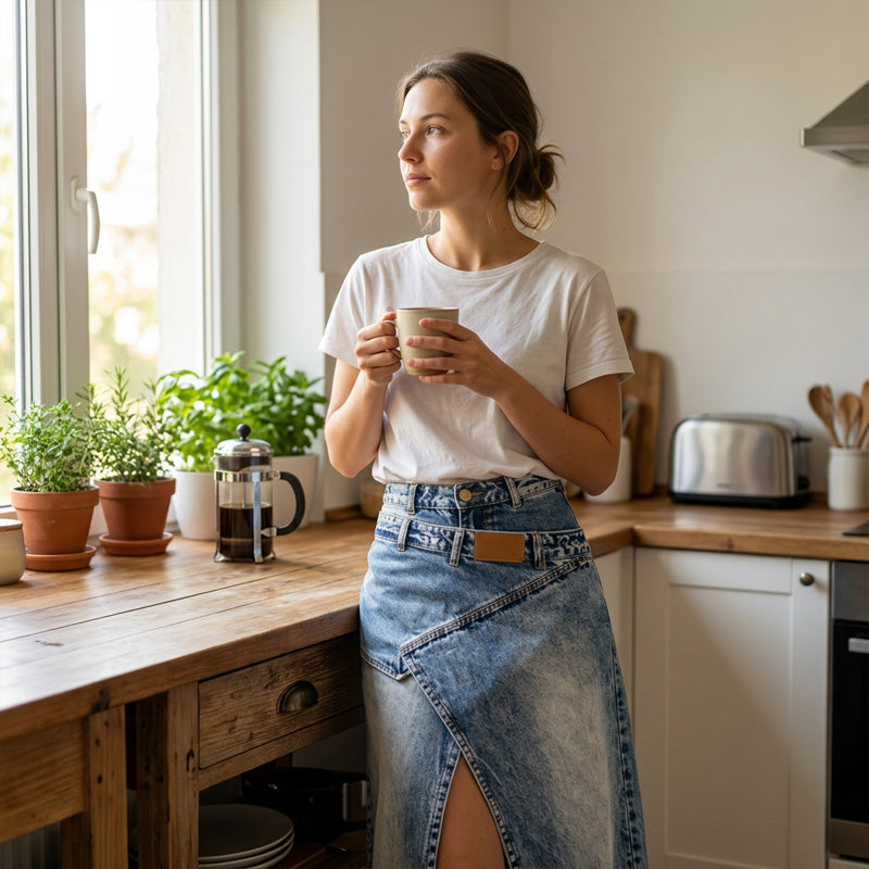 🔥 50% RABATT 👗✨ Asymmetrisk denim-maxikjol med slits 🌿 Trendig design, elegant silhuett & perfekt för sommarens alla tillfällen