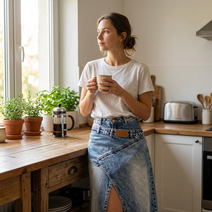 🔥 50% RABATT 👗✨ Asymmetrisk denim-maxikjol med slits 🌿 Trendig design, elegant silhuett & perfekt för sommarens alla tillfällen