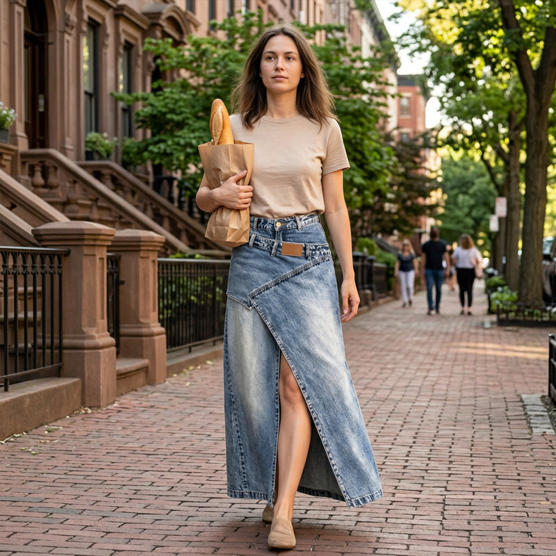 🔥 50% RABATT 👗✨ Asymmetrisk denim-maxikjol med slits 🌿 Trendig design, elegant silhuett & perfekt för sommarens alla tillfällen
