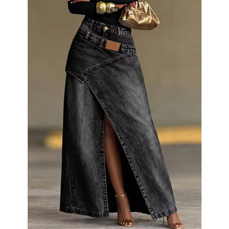 🔥 50% RABATT 👗✨ Asymmetrisk denim-maxikjol med slits 🌿 Trendig design, elegant silhuett & perfekt för sommarens alla tillfällen