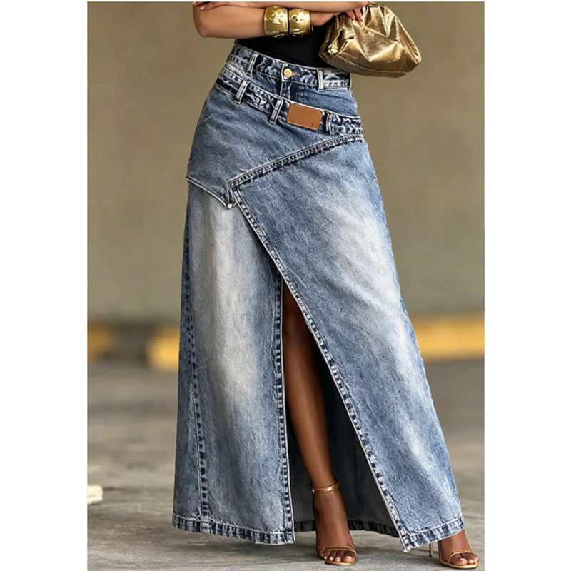 🔥 50% RABATT 👗✨ Asymmetrisk denim-maxikjol med slits 🌿 Trendig design, elegant silhuett & perfekt för sommarens alla tillfällen