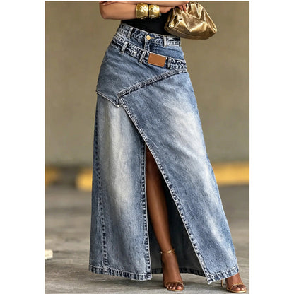 🔥 50% RABATT 👗✨ Asymmetrisk denim-maxikjol med slits 🌿 Trendig design, elegant silhuett & perfekt för sommarens alla tillfällen