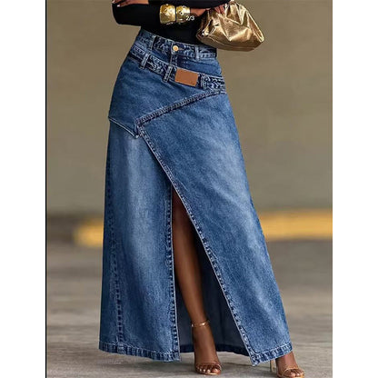🔥 50% RABATT 👗✨ Asymmetrisk denim-maxikjol med slits 🌿 Trendig design, elegant silhuett & perfekt för sommarens alla tillfällen