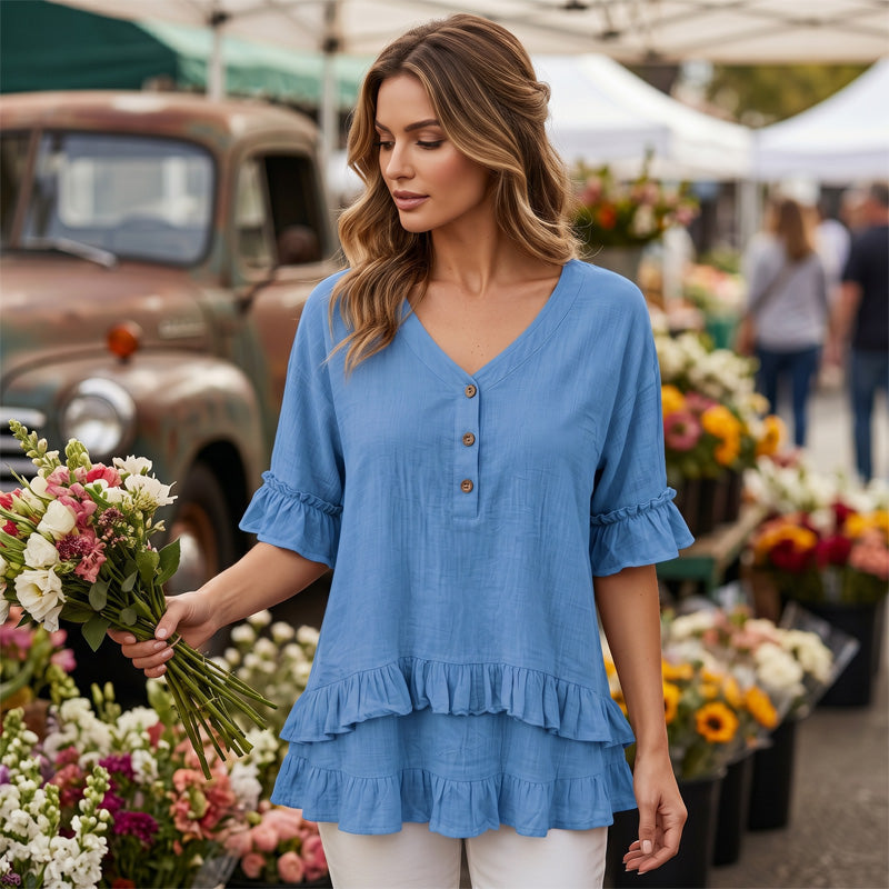🔥 50% RABATT 💫 Damtröja med V-ringning & volangkant 👚 Elegant, feminin & perfekt för vardag och fest ✨