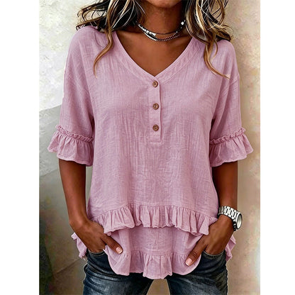🔥 50% RABATT 💫 Damtröja med V-ringning & volangkant 👚 Elegant, feminin & perfekt för vardag och fest ✨