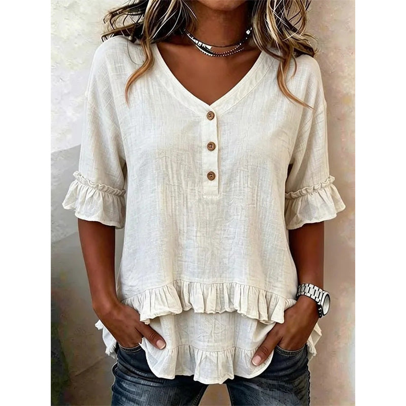 🔥 50% RABATT 💫 Damtröja med V-ringning & volangkant 👚 Elegant, feminin & perfekt för vardag och fest ✨