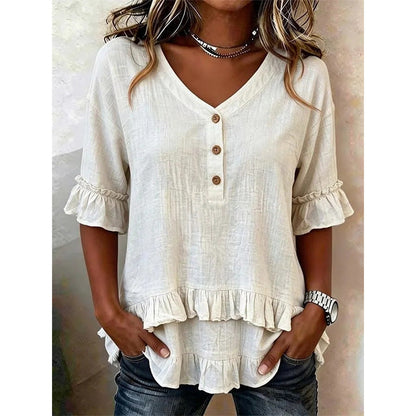🔥 50% RABATT 💫 Damtröja med V-ringning & volangkant 👚 Elegant, feminin & perfekt för vardag och fest ✨