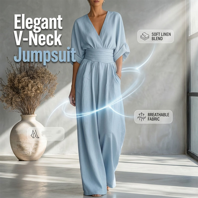 🔥 50% RABATT 👗 Elegant dam-jumpsuit med V-ringning ✨ hög midja & vida ben – smickrande, luftig & perfekt för sommarstil 🌿