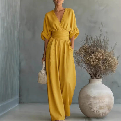 🔥 50% RABATT 👗 Elegant dam-jumpsuit med V-ringning ✨ hög midja & vida ben – smickrande, luftig & perfekt för sommarstil 🌿