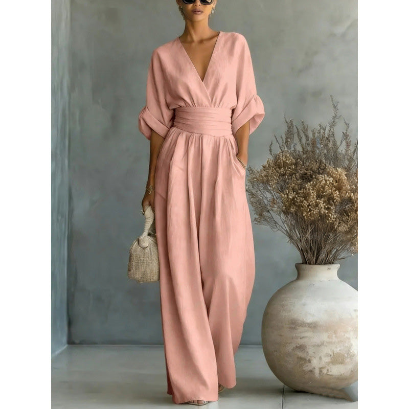 🔥 50% RABATT 👗 Elegant dam-jumpsuit med V-ringning ✨ hög midja & vida ben – smickrande, luftig & perfekt för sommarstil 🌿