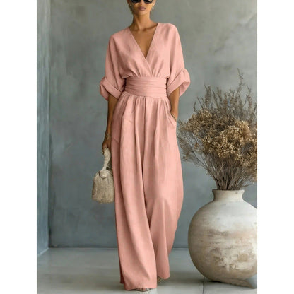 🔥 50% RABATT 👗 Elegant dam-jumpsuit med V-ringning ✨ hög midja & vida ben – smickrande, luftig & perfekt för sommarstil 🌿