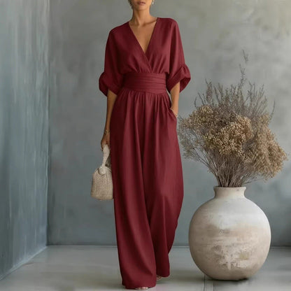 🔥 50% RABATT 👗 Elegant dam-jumpsuit med V-ringning ✨ hög midja & vida ben – smickrande, luftig & perfekt för sommarstil 🌿