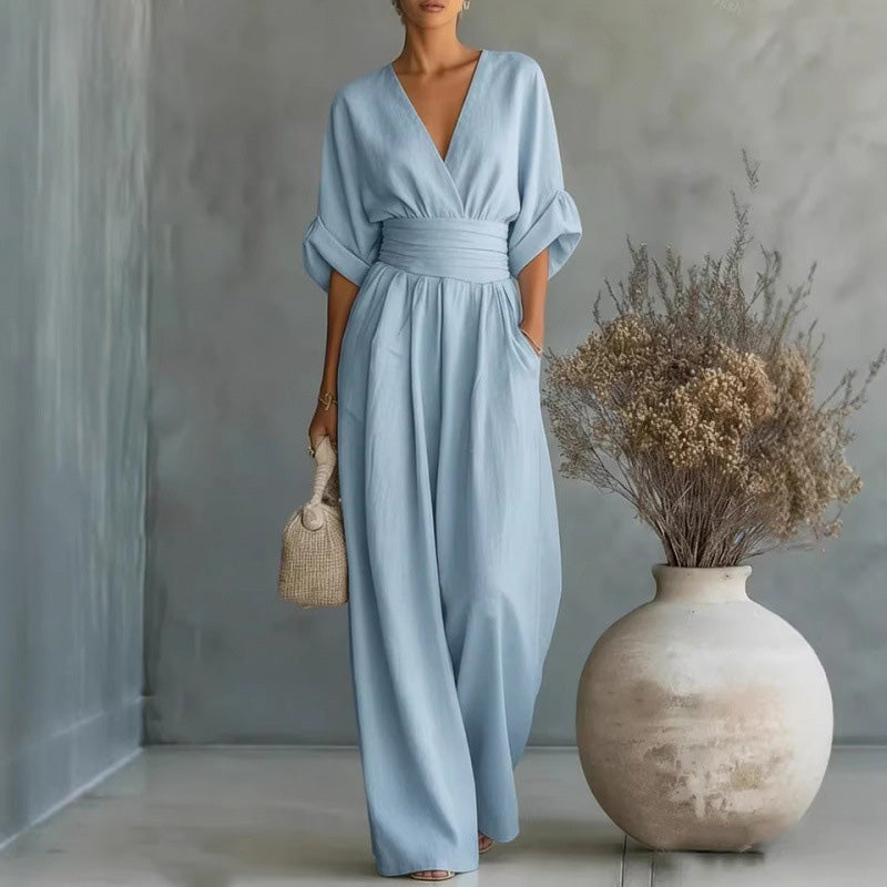 🔥 50% RABATT 👗 Elegant dam-jumpsuit med V-ringning ✨ hög midja & vida ben – smickrande, luftig & perfekt för sommarstil 🌿
