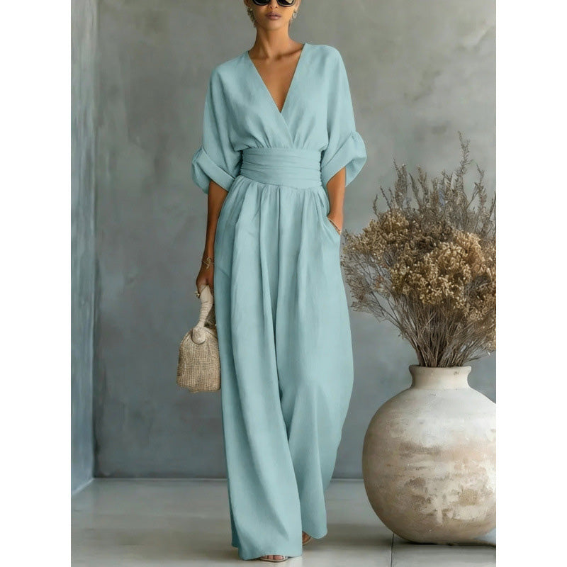 🔥 50% RABATT 👗 Elegant dam-jumpsuit med V-ringning ✨ hög midja & vida ben – smickrande, luftig & perfekt för sommarstil 🌿