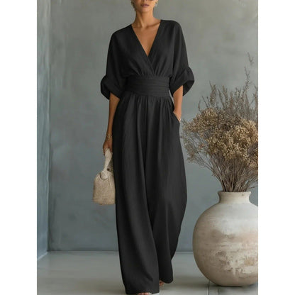 🔥 50% RABATT 👗 Elegant dam-jumpsuit med V-ringning ✨ hög midja & vida ben – smickrande, luftig & perfekt för sommarstil 🌿