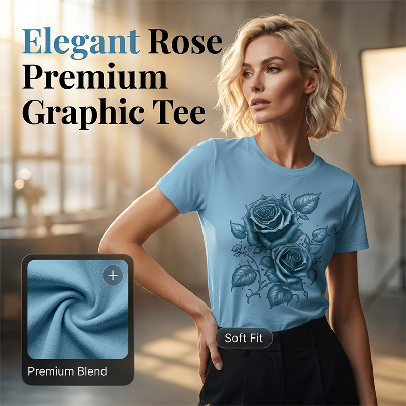 🔥 50% RABATT 👕🌹 Elegant premium T-shirt med blåros-design ✨ mjuk, stilren & perfekt för en modern vardagslook 🌿