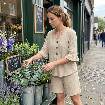 🔥 50% RABATT 👚👖 Elegant V-ringat set med volangärmar & fickor ✨ Luftigt, feminint & perfekt för sommarens alla tillfällen 🌿