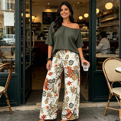 🔥 50% RABATT ✨ 2-delat set för dam med axelbar topp & mönstrade byxor 👖 Elegant, luftigt och perfekt för sommarens alla tillfällen ☀️