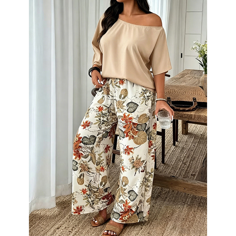 🔥 50% RABATT ✨ 2-delat set för dam med axelbar topp & mönstrade byxor 👖 Elegant, luftigt och perfekt för sommarens alla tillfällen ☀️