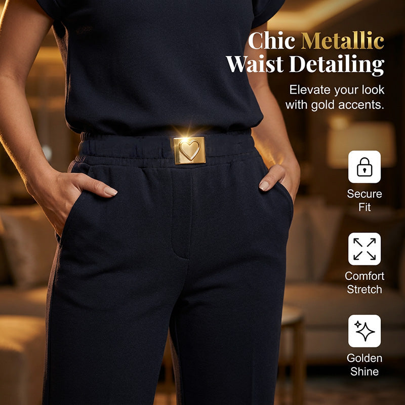 🔥 50% RABATT 👚 Elegant 2-delat damset med topp & vida byxor ✨ gulddetaljer, stilren krage & perfekt dag-till-kväll look 🌿