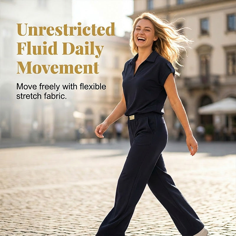 🔥 50% RABATT 👚 Elegant 2-delat damset med topp & vida byxor ✨ gulddetaljer, stilren krage & perfekt dag-till-kväll look 🌿
