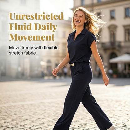 🔥 50% RABATT 👚 Elegant 2-delat damset med topp & vida byxor ✨ gulddetaljer, stilren krage & perfekt dag-till-kväll look 🌿
