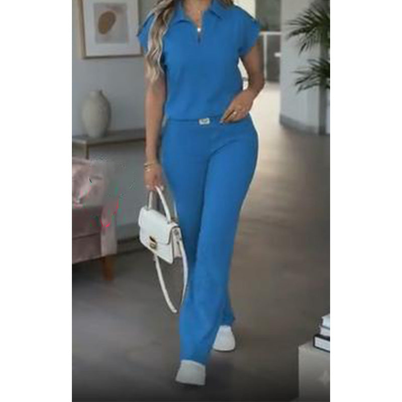 🔥 50% RABATT 👚 Elegant 2-delat damset med topp & vida byxor ✨ gulddetaljer, stilren krage & perfekt dag-till-kväll look 🌿