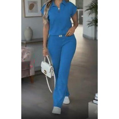 🔥 50% RABATT 👚 Elegant 2-delat damset med topp & vida byxor ✨ gulddetaljer, stilren krage & perfekt dag-till-kväll look 🌿