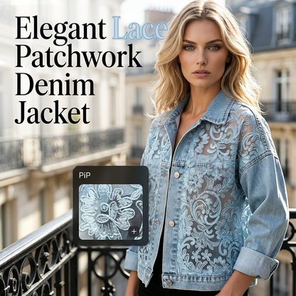 🔥 50% RABATT 🌸 Elegant denimjacka med blommiga spetspaneler ✨ Feminint uttryck, exklusiva detaljer & tidlös stil 💎