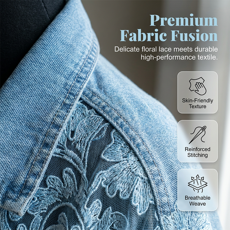 🔥 50% RABATT 🌸 Elegant denimjacka med blommiga spetspaneler ✨ Feminint uttryck, exklusiva detaljer & tidlös stil 💎