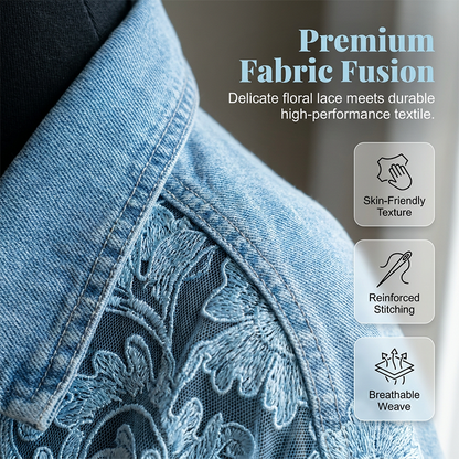 🔥 50% RABATT 🌸 Elegant denimjacka med blommiga spetspaneler ✨ Feminint uttryck, exklusiva detaljer & tidlös stil 💎