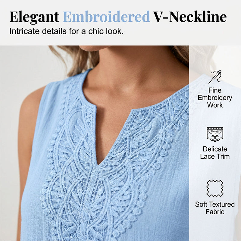 👗 55% RABATT NU! 🌿 Dam Andningsbar Sommar Casual Klänning – Broderad V-ringning & Skrynkelfri Bomullslinne ✨