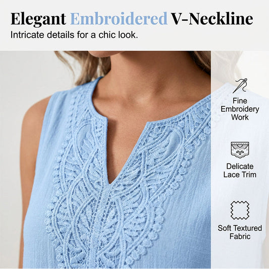 👗 55% RABATT NU! 🌿 Dam Andningsbar Sommar Casual Klänning – Broderad V-ringning & Skrynkelfri Bomullslinne ✨