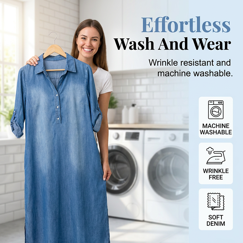 💥 50% RABATT 👗 Maxiklänning i washed denim för damer ✨ Modern casual look med hög komfort & tidlös design 🌿