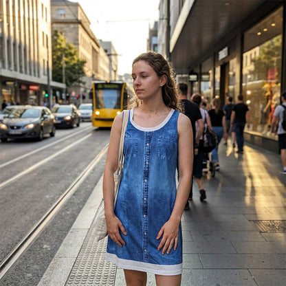 🔥 50% RABATT 👗 Faux Two-Piece Denim Print Dress ✨ Trendig lager-på-lager-look med elegant passform & bekväm känsla hela dagen 💙