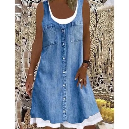 🔥 50% RABATT 👗 Faux Two-Piece Denim Print Dress ✨ Trendig lager-på-lager-look med elegant passform & bekväm känsla hela dagen 💙