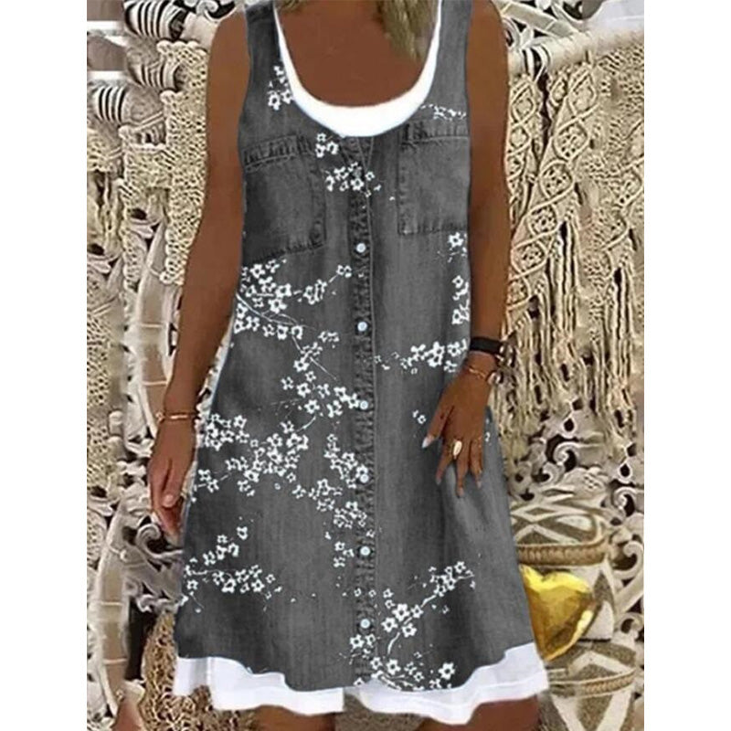 🔥 50% RABATT 👗 Faux Two-Piece Denim Print Dress ✨ Trendig lager-på-lager-look med elegant passform & bekväm känsla hela dagen 💙
