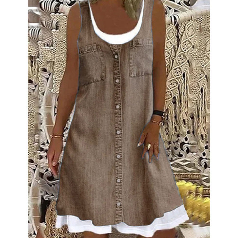 🔥 50% RABATT 👗 Faux Two-Piece Denim Print Dress ✨ Trendig lager-på-lager-look med elegant passform & bekväm känsla hela dagen 💙