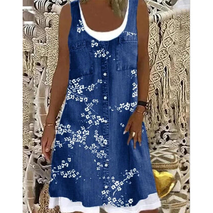 🔥 50% RABATT 👗 Faux Two-Piece Denim Print Dress ✨ Trendig lager-på-lager-look med elegant passform & bekväm känsla hela dagen 💙