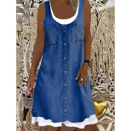 🔥 50% RABATT 👗 Faux Two-Piece Denim Print Dress ✨ Trendig lager-på-lager-look med elegant passform & bekväm känsla hela dagen 💙