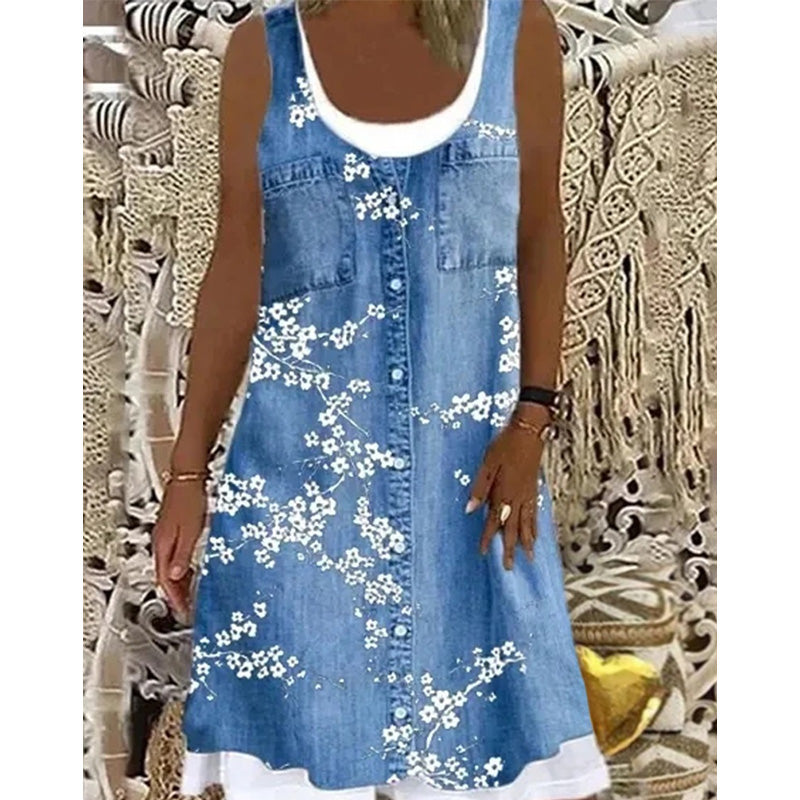 🔥 50% RABATT 👗 Faux Two-Piece Denim Print Dress ✨ Trendig lager-på-lager-look med elegant passform & bekväm känsla hela dagen 💙