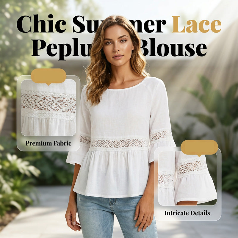 💥 50% RABATT 🌸 Chic spetsblus 👚 V-ringning + peplum + volangärmar ✨ perfekt mix av elegans och vardagskomfort 🌿
