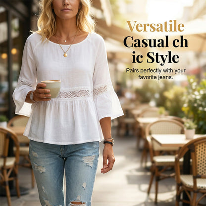 💥 50% RABATT 🌸 Chic spetsblus 👚 V-ringning + peplum + volangärmar ✨ perfekt mix av elegans och vardagskomfort 🌿