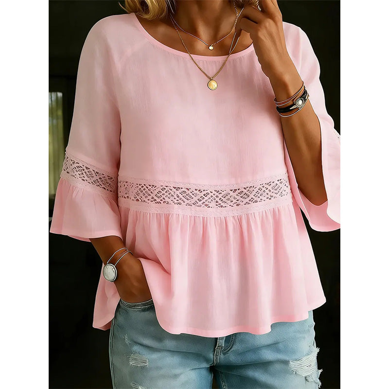 💥 50% RABATT 🌸 Chic spetsblus 👚 V-ringning + peplum + volangärmar ✨ perfekt mix av elegans och vardagskomfort 🌿