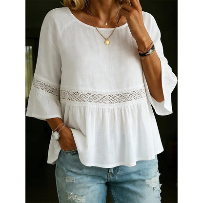 💥 50% RABATT 🌸 Chic spetsblus 👚 V-ringning + peplum + volangärmar ✨ perfekt mix av elegans och vardagskomfort 🌿